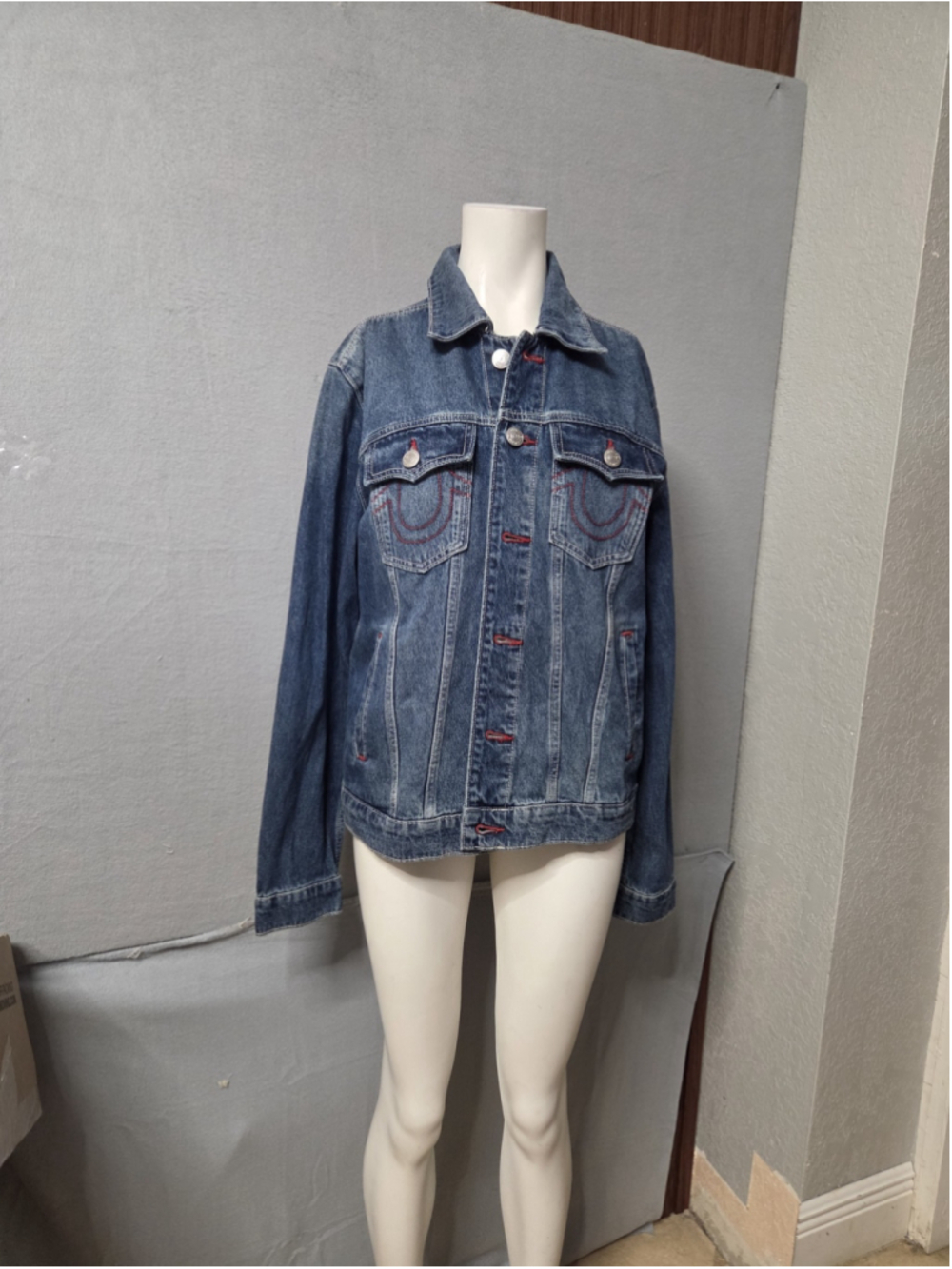 True Religion Jean Jacket Medium Blue Red Logo Size M